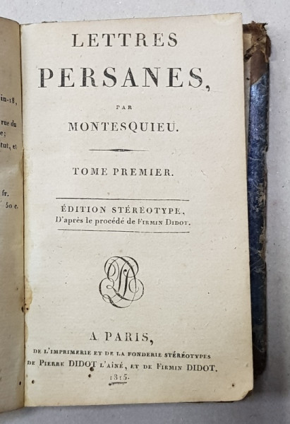 LETTRES PERSANES par MONTESQUIEU , TOME PREMIER , 1815