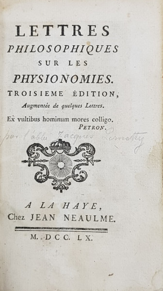 LETTRES PHILOSOPHIQUES SUR LES PHYSIONOMIES, ED. III-a - A LA HAYE, 1760