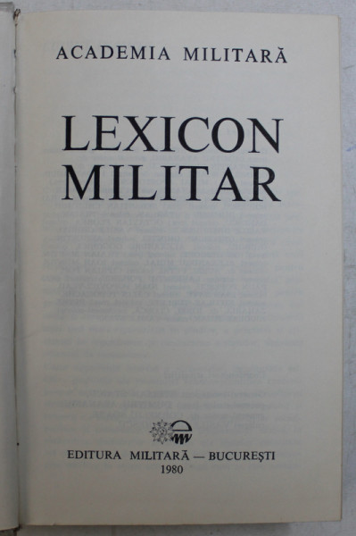 LEXICON MILITAR , BUCURESTI 1980