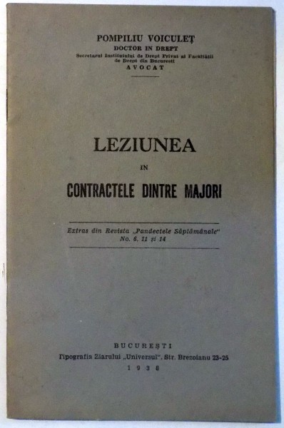 LEZIUNEA IN CONTRACTELE DINTRE MAJORI de POMPILIU VOICULET , 1938