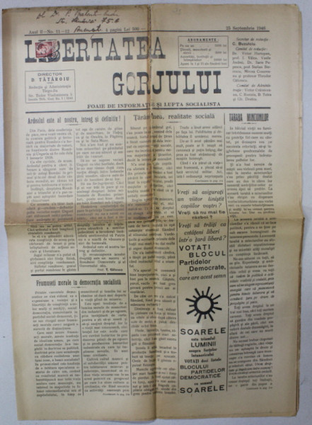 LIBERTATEA GORJULUI , FOAIE DE INFORMATIE SI LUPTA SOCIALISTA , ANUL II , No. 11 -12 , 25 SEPTEMBRIE , 1946