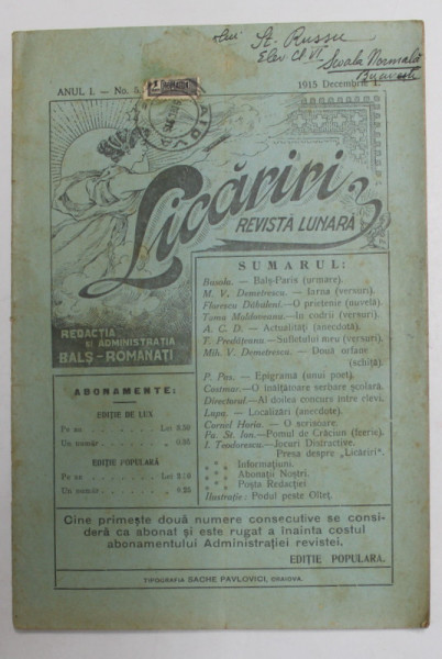 LICARIRI , REVISTA LUNARA , ANUL I , NR. 5 , 1 DECEMBRIE , 1915 , REDACTIA BALS - ROMANATI