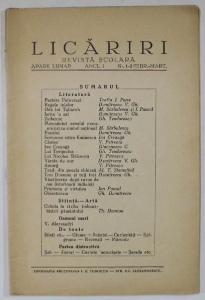 LICARIRI , REVISTA SCOLARA , ANUL I , NR. 1-2 , FEBRUARIE - MARTIE , 1937