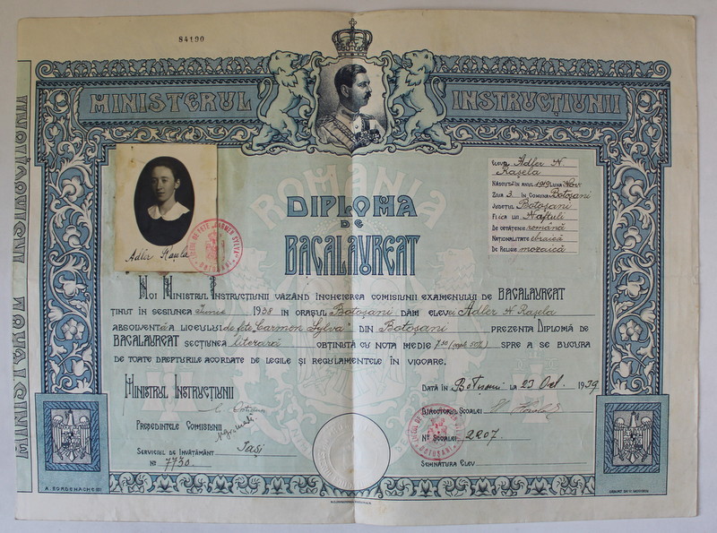 LICEUL ' CARMEN SYLVA '  DIN BOTOSANI , DIPLOMA DE BACALAUREAT , EMISA LA 23 OCTOMBRIE , 1939