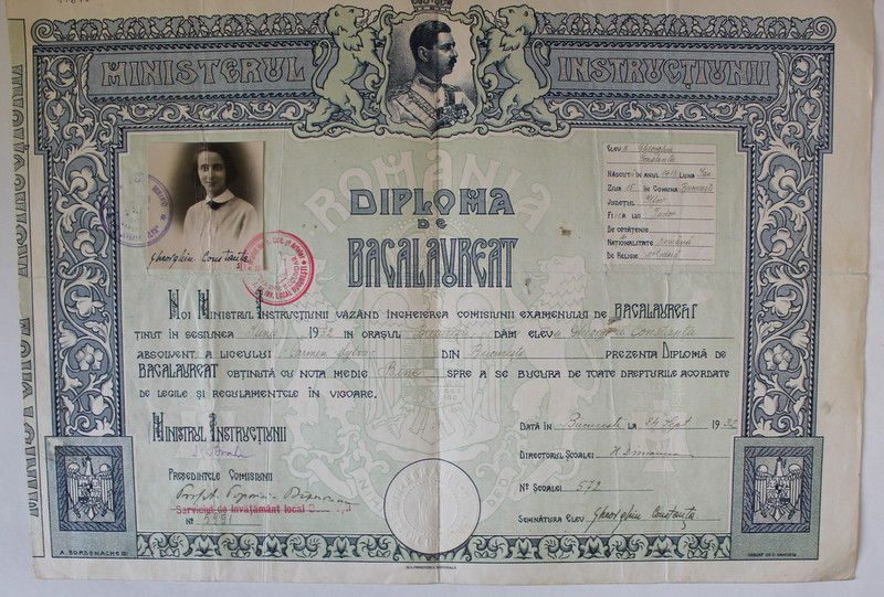 LICEUL ' CARMEN SYLVA ' , DIPLOMA DE BACALAUREAT , EMISA LA 24 SEPTEMBRIE , 1932