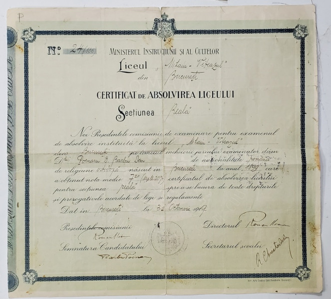 LICEUL MIHAI VITEAZUL   DIN BUCURESTI , CERTIFICAT DE ABSOLVIRE , 1919