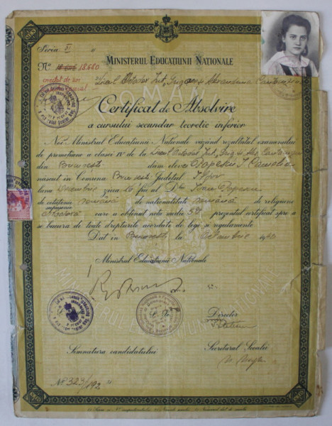 LICEUL ORTODOX INT. ' GRIGORE SI ALEXANDRINA CANTACUZINO ' , CERTIFICAT DE ABSOLVIRE A CURSULUI SECUNDAR TEORETIC IINFERIOR , 1942