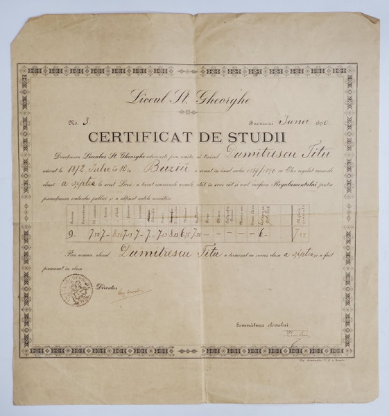 LICEUL SFANTUL GHEORGHE , BUCURESTI , CERTIFICAT DE STUDII , IUNIE , 1890