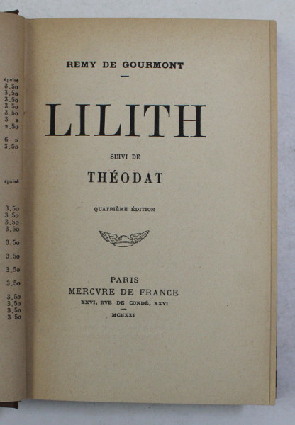 LILITH suivi de THEODAT par REMY DE GOURMONT , 1921