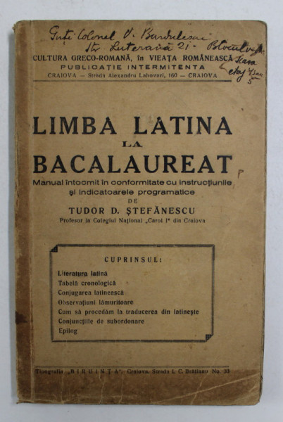 LIMBA LATINA LA BACALAUREAT , MANUAL de TUDOR D. STEFANESCU , 1938