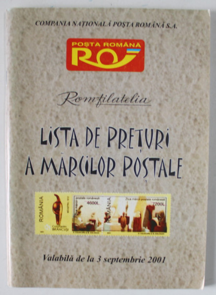 LISTA DE PRETURI A MARCILOR POSTALE , VALABILA DE LA 3 SEPTEMBRIE  , 2001