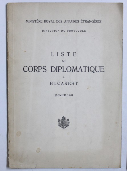LISTE DU CORPS DIPLOMATIQUE A BUCAREST  - JANVIER ,  1940