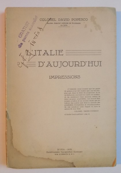 L'ITALIE D'AUJOURD'HUI, IMPRESSIONS par DAVID POPESCO  1931
