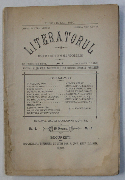 LITERATORUL  - REVISTA , director ALEXANDRU MACEDONSKI ,  prim - redactor CINCINAT PAVELESCU , NO. 6 , 15 NOIEMBRIE , 1892 , PREZINTA HALOURI DE APA *