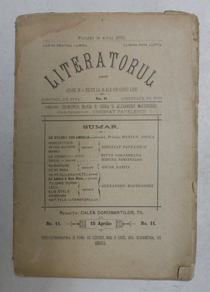 LITERATORUL , REVISTA , NO . 11 , 15 APRILIE , 1893