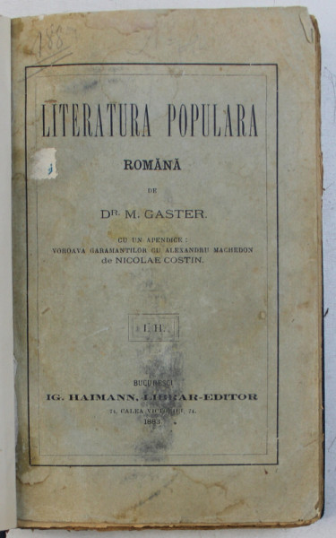 LITERATURA POPULARA ROMANA de Dr. M . GASTER , 1883