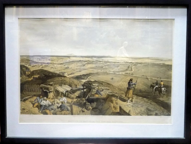 Litografie semnata W Simpson ,,Bastion du Mat from central bastion '' 1856
