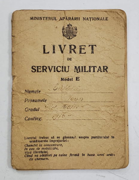 LIVRET DE SERVICIU MILITAR , MODEL '' E '' , 1920