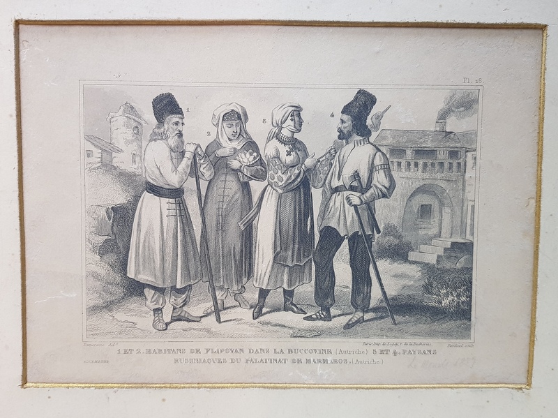 LOCALNICI DIN FLIPOVAN - BUCOVINA SI TARANI DIN PALATINATUL MARMOROS , GRAVURA de PARDINEL , MIJLOCUL SECOLULUL XIX