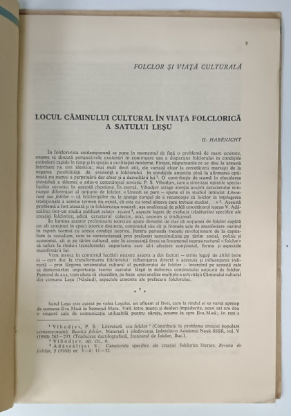 LOCUL CAMINULUI CULTURAL IN VIATA FOLCLORICA A SATULUI LESU de G. HABENICHT , 1961, COPERTA REFACUTA , BROSATA
