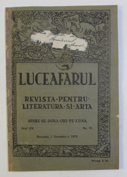 LUCEAFARUL , REVISTA PENTRU LITERATURA SI ARTA , ANUL XIV , NO . 18 , 1 OCTOMBRE  , 1919