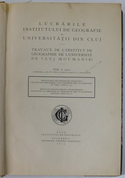 LUCRARILE INSTITUTULUI DE GEOGRAFIE AL UNIVERSITATII DIN CLUJ, VOL. I., 1924