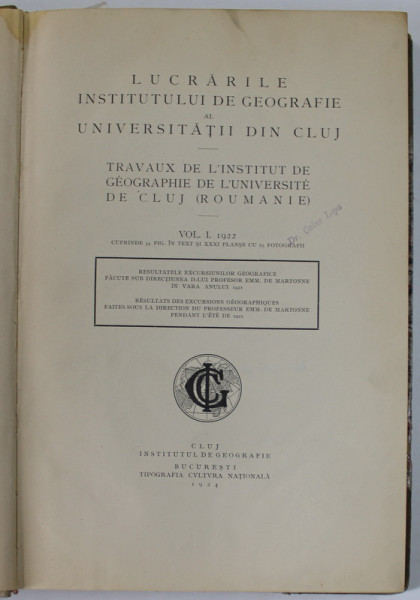 LUCRARILE INSTITUTULUI DE GEOGRAFIE AL UNIVERSITATII DIN CLUJ, VOL. I., 1924