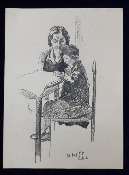 LUCRETIA MIHAIL SILION , MAMA CU FETITA LA MASA  , DESEN  , PREDEAL , 1937