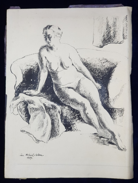 LUCRETIA MIHAIL SILION , NUD PE CANAPEA , GRAFICA , MONOCROMA, 1937