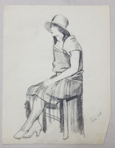 LUCRETIA MIHAIL SILION , TANARA CU PALARIE , PE SCAUN , DESEN , 1928