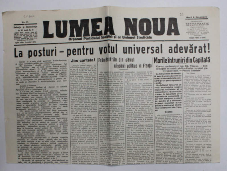 LUMEA NOUA - ORGANUL PARTIDULUI SOCIALIST SI AL UNIUNEI SINDICALE , NR. 21 , MARTI 9 DECEMBRIE, 1919