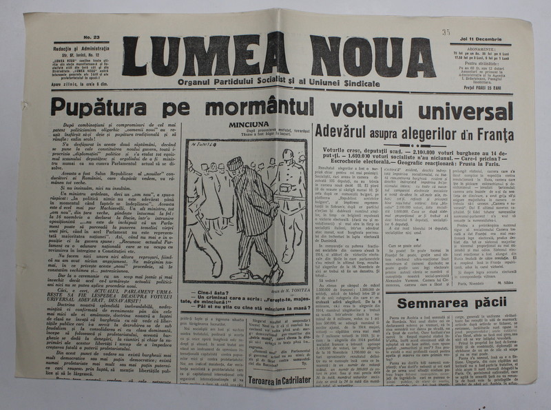 LUMEA NOUA - ORGANUL PARTIDULUI SOCIALIST SI AL UNIUNEI SINDICALE , NR. 23 , JOI 11 DECEMBRIE, 1919