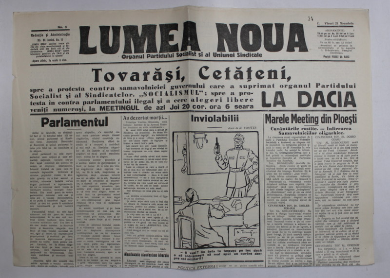 LUMEA NOUA , ORGANUL PARTIDULUI SOCIALIST SI AL UNIUNEI SINDICALE , NR. 3, VINERI 21 NOIEMBRIE  , 1919