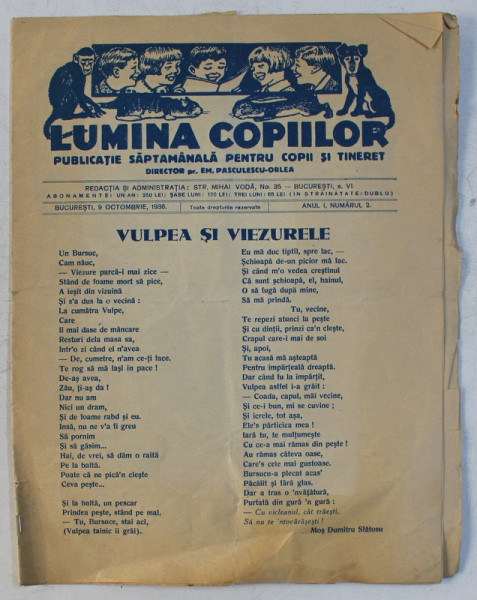 ' LUMINA COPIILOR ' - PUBLICATIE SAPTAMANALA PENTRU COPII SI TINERET , ANUL I , NR. 2 , OCTOMBRIE 9 , 1936