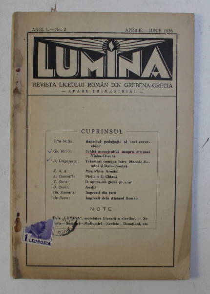 LUMINA , REVISTA LICEULUI ROMAN DIN GREBENA-GRECIA , ANUL I , NO. 2 , APRILIE-IUNIE 1936