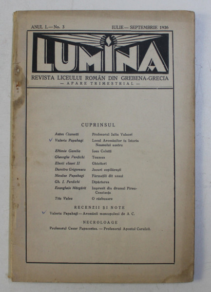LUMINA , REVISTA LICEULUI ROMAN DIN GREBENA-GRECIA , ANUL I , NO. 3 , IULIE-SEPTEMBRIE 1936