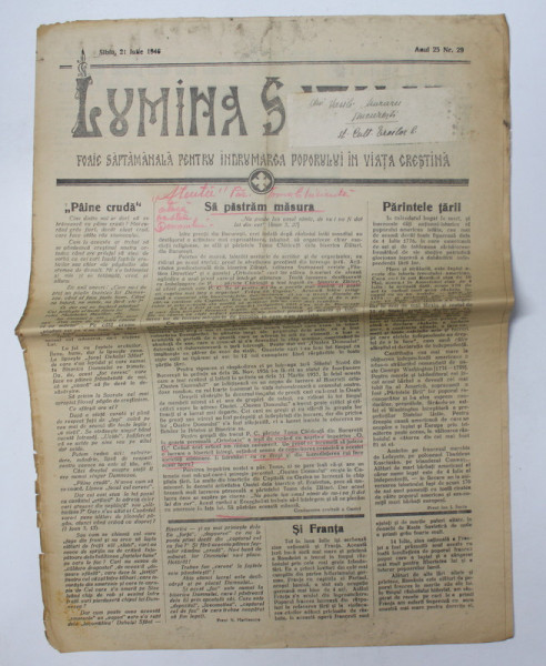 LUMINA SATELOR - FOAIE SAPTAMANALA PENTRU INDRUMAREA POPORULUI IN VIATA CRESTINA , ANUL 25 , NR. 29  ,  21 IULIE  , 1946