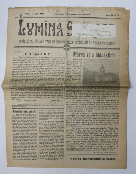 LUMINA SATELOR - FOAIE SAPTAMANALA PENTRU INDRUMAREA POPORULUI IN VIATA CRESTINA , ANUL 25 , NR. 32 , 18 AUGUST  , 1946