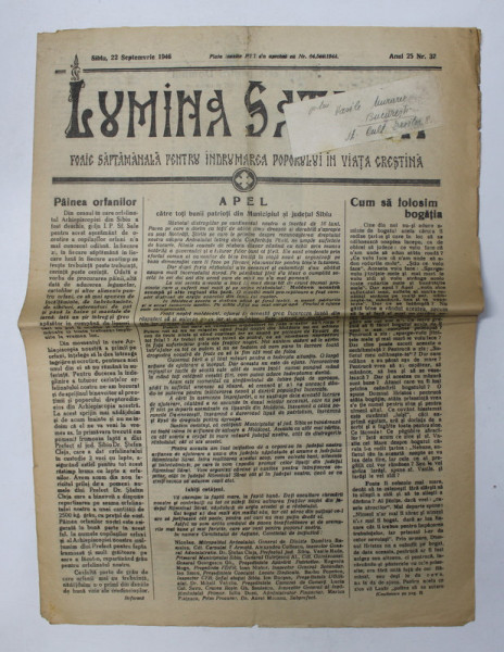 LUMINA SATELOR - FOAIE SAPTAMANALA PENTRU INDRUMAREA POPORULUI IN VIATA CRESTINA , ANUL 25 , NR. 37  , 22 SEPTEMBRIE  , 1946