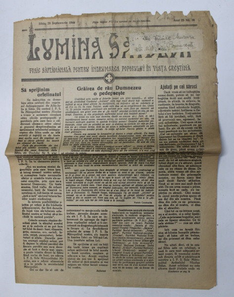 LUMINA SATELOR - FOAIE SAPTAMANALA PENTRU INDRUMAREA POPORULUI IN VIATA CRESTINA , ANUL 25 , NR. 38 , 29 SEPTEMBRIE  , 1946