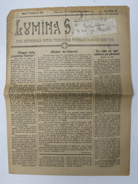 LUMINA SATELOR - FOAIE SAPTAMANALA PENTRU INDRUMAREA POPORULUI IN VIATA CRESTINA , ANUL 25 , NR. 40 , 13 OCTOMBRIE  , 1946