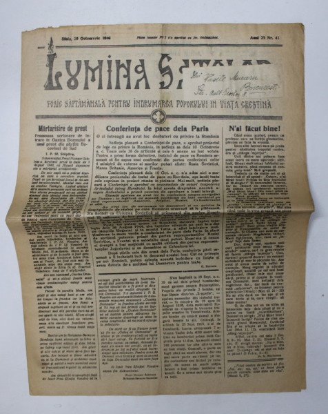 LUMINA SATELOR - FOAIE SAPTAMANALA PENTRU INDRUMAREA POPORULUI IN VIATA CRESTINA , ANUL 25 , NR. 41 , 20 OCTOMBRIE  , 1946