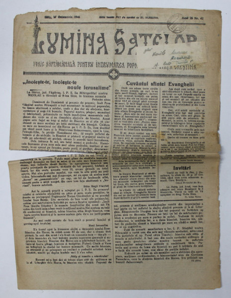 LUMINA SATELOR - FOAIE SAPTAMANALA PENTRU INDRUMAREA POPORULUI IN VIATA CRESTINA , ANUL 25 , NR. 42, 27 OCTOMBRIE  , 1946