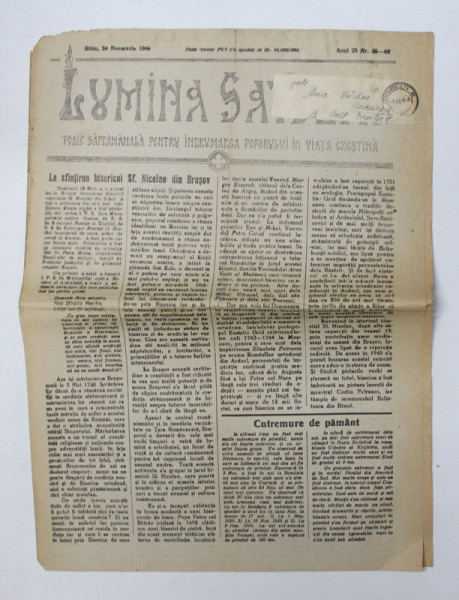 LUMINA SATELOR - FOAIE SAPTAMANALA PENTRU INDRUMAREA POPORULUI IN VIATA CRESTINA , ANUL 25 , NR. 45-46 , 24 NOIEMBRIE , 1946