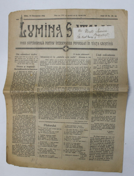 LUMINA SATELOR - FOAIE SAPTAMANALA PENTRU INDRUMAREA POPORULUI IN VIATA CRESTINA , ANUL 25 , NR. 49- 50 , 15 DEC. 1946