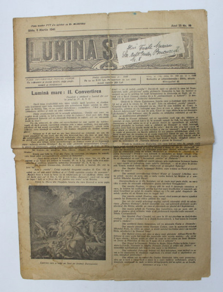 LUMINA SATELOR - FOAIE SAPTAMANALA PENTRU POPOR - CU INDRUMARI SI POVETE PENTRU VIATA CRESTINEASCA SI ROMANEASCA , ANUL 25 , NR.  10 , 3 MARTIE , 1946