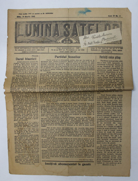 LUMINA SATELOR - FOAIE SAPTAMANALA PENTRU POPOR - CU INDRUMARI SI POVETE PENTRU VIATA CRESTINEASCA SI ROMANEASCA , ANUL 25 , NR.  11 , 10 MARTIE , 1946