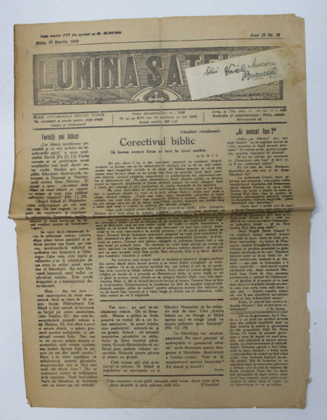 LUMINA SATELOR - FOAIE SAPTAMANALA PENTRU POPOR - CU INDRUMARI SI POVETE PENTRU VIATA CRESTINEASCA SI ROMANEASCA , ANUL 25 , NR.  12 , 17 MARTIE , 1946