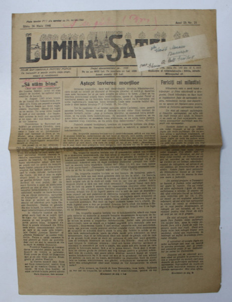 LUMINA SATELOR - FOAIE SAPTAMANALA PENTRU POPOR - CU INDRUMARI SI POVETE PENTRU VIATA CRESTINEASCA SI ROMANEASCA , ANUL 25 , NR.  21 , 26 MAI   , 1946