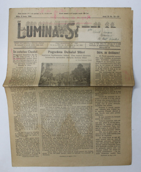 LUMINA SATELOR - FOAIE SAPTAMANALA PENTRU POPOR - CU INDRUMARI SI POVETE PENTRU VIATA CRESTINEASCA SI ROMANEASCA , ANUL 25 , NR.  22-23 , 9 IUNIE   , 1946